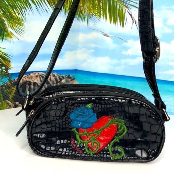 Original by SHARIF Vintage Shoulder Leather Crossbody Bag Rose Heart Design Belt - Picture 1 of 13